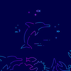 Jumping Dolphin Vector Line Icon, Illustration on a Dark Blue Background. Related Bottom Border