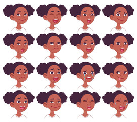 Black African American girl's facial emotions set. Cartoon character design. 16 different   expressions. Easy to modify, animate and edit. Vector illustration isolated on white background 