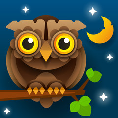 Owl Vector Isolated Icon. Wild Forest Feathered Nocturnal Predatory Bird Of Prey Sitting On Branch.