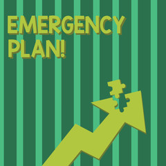 Conceptual hand writing showing Emergency Plan. Concept meaning actions developed to mitigate damage of potential events Arrow Pointing Up with Detached Part Jigsaw Puzzle Piece