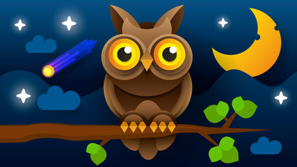 Owl Vector Isolated Icon. Wild Forest Feathered Nocturnal Predatory Bird Of Prey Sitting On Branch.