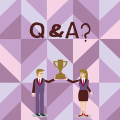 Handwriting text writing Q And A Question. Conceptual photo in which demonstrating asks questions and another one answers them Man and Woman in Business Suit Holding Together the Championship Trophy