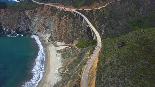 Aerial over Bixby Creek Bridge on Highway 1 - Big Sur, California, USA [4k]