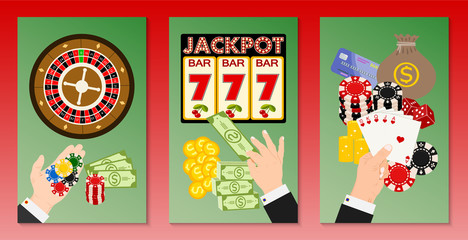 Casino concept set of banners vector illustration. Includes roulette, casino chips, playing cards, person holding cash and winning jackpot. Sack of money, credit card, dice.
