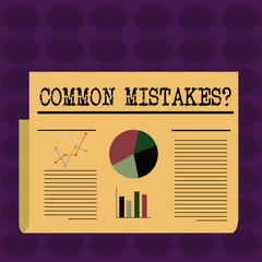 Text sign showing Common Mistakes question. Business photo showcasing repeat act or judgement misguided or wrong Colorful Layout Design Plan of Text Line, Bar, Linear and Pie Chart Diagram