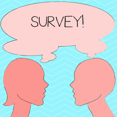 Writing note showing Survey. Business concept for research method used for collecting data from a predefined group Silhouette Sideview Profile of Man and Woman Thought Bubble