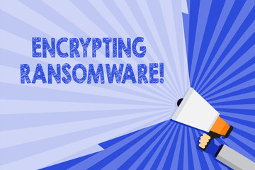 Word writing text Encrypting Ransomware. Business photo showcasing malware that limits users from accessing their system Hand Holding Megaphone with Blank Wide Beam for Extending the Volume Range