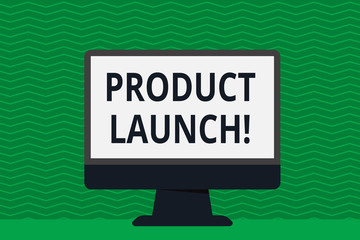 Writing note showing Product Launch. Business concept for when company decides to release new product in market Desktop Computer Colorful Monitor Screen Freestanding Table