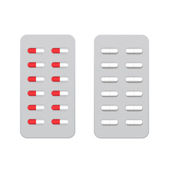 Medicine pills in blister pack isolated on white. Realistic 3d mockup for pharmaceutical drugs, capsules and tablets. Medical and health care icons. Easy to edit vector template.