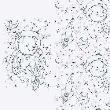 Set of seamless cute childish pattern and doodle cut image with hand drawn cute animals. Creative doodle kids texture for fabric, wrapping, textile, wallpaper, prints, apparel