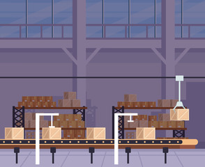Big warehouse stock room with lot of boxes and robot machine. Delivery logistic shipment concept. Vector flat cartoon graphic design illustration