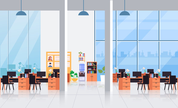 Big Empty Office Interior Workplace Workspace Concept. Vector Flat Cartoon Graphic Design Illustration