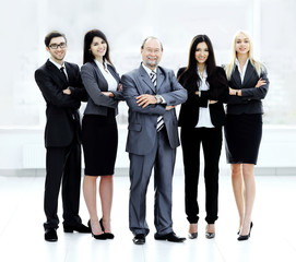 leader and successful business team on blurred background