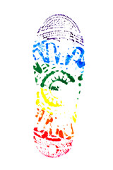 sign of sexual minority equality: a footprint painted in the colors of the flag of the LGBT community, isolated on white. short focus