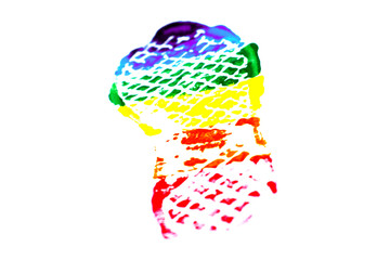 sign of sexual minority equality: a footprint painted in the colors of the flag of the LGBT community, isolated on white. short focus