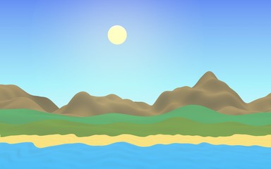 Sun Sea Beach. Noon. Ocean shore line with waves on a beach. Island beach paradise with waves. Vacation, summer, relaxation. Seascape, seashore. Minimalist landscape, primitivism. 3D illustration