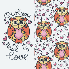Set of seamless cute childish pattern and doodle cut image with hand drawn cute animals. Creative doodle kids texture for fabric, wrapping, textile, wallpaper, prints, apparel