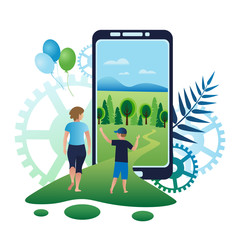 Concept of access to the virtual world using modern technologies and gadgets. Woman and boy are walking along the road to the summer landscape of nature on the smartphone screen. Vector illustration