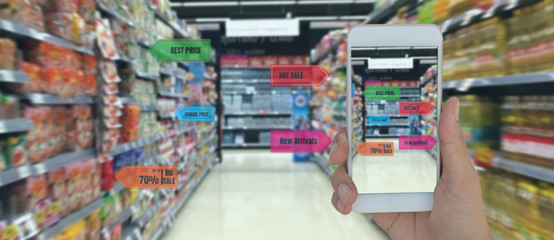 internet of things marketing concepts,smart augmented reality,customer hold the mobile phone to see  the product that search by ai application with hot deal,promotion code, in retail, store, market