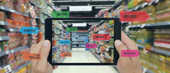 internet of things marketing concepts,smart augmented reality,customer hold the mobile phone to see...