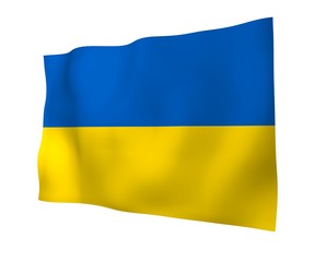 The flag of Ukraine on a white background. National flag and state ensign. Blue and yellow bicolour. 3D illustration waving flag