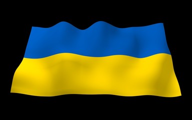 The flag of Ukraine on a dark background. National flag and state ensign. Blue and yellow bicolour. 3D illustration waving flag