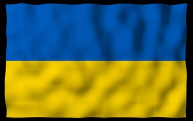 The flag of Ukraine on a dark background. National flag and state ensign. Blue and yellow bicolour. 3D illustration waving flag
