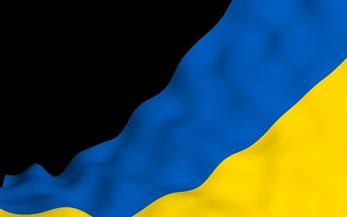 The flag of Ukraine on a dark background. National flag and state ensign. Blue and yellow bicolour. 3D illustration waving flag