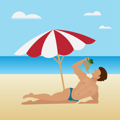 Obraz na płótnie Canvas Young muscular man eating grapes lying on a sandy beach by the sea in summer. A large beach umbrella protects a gentleman from the sun. Flat design, vector illustration.