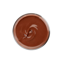 Glass with tasty chocolate cream isolated on white, top view