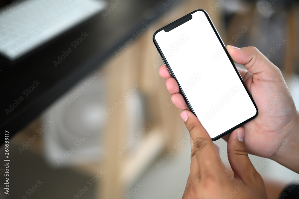 Poster manhands using a smartphone text work digital and communication concept