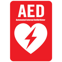 AED,automated external defibrillator / aed sign with heart and electricity symbol flat vector icon - obrazy, fototapety, plakaty