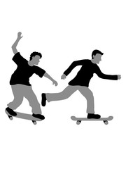 Fototapeta na wymiar 2 skateboard skater freunde team paar sprung stunt trick fahren spaß hobby brett rollen clipart schnell symbol zeichen piktogramm cool