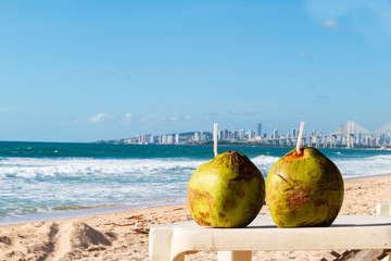 Coconuts fruit on the beach in Natal Brazil.