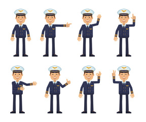 Set of airline pilot characters showing different hand gestures. Cheerful pilot showing thumb up gesture, this way, greeting, waving, pointing up, victory sign. Flat style vector illustration