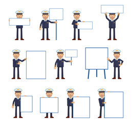 Big set of airline pilot characters posing with different blank banners. Cheerful pilot holding paper, poster, placard, pointing to whiteboard. Teach, advertise, promote. Flat vector illustration