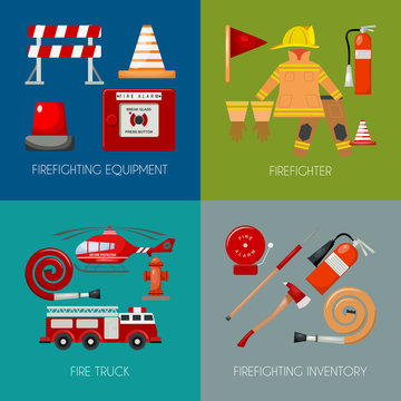 Fire safety banner vector illustration. Firefighter iniform and inventory. Helmet, gloves. Equipment as firehose hydrant alarm, bollard and extinguisher station.