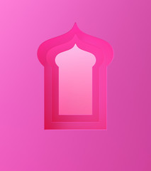 Arabic window on pink pastel background. Design creative concept of islamic celebration day ramadan kareem or eid al fitr adha. 3D rendering illustration.