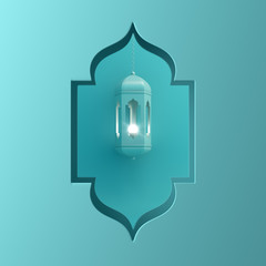 Arabic window paper cut and hanging lantern on blue pastel background. Design creative concept of islamic celebration day ramadan kareem or eid al fitr adha. 3D rendering illustration.
