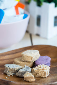 variety flavors of polvoron or milk candies; famous snacks for kids in the Philippines