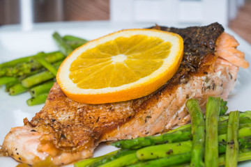 delicious zesty orange salmon with stir fried garlic asparagus