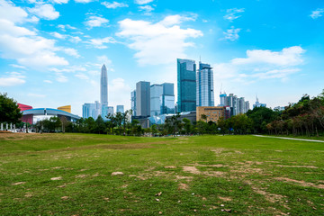 Obraz premium Park Grassland and Urban Architectural Skyline..