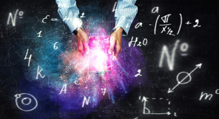 Businessman s hands holding a small magic paper box, mixed media