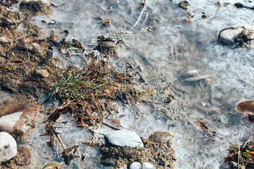ice crystals pattern over frozen puddle on spring river