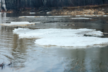 spring in east Kazakhstan landscape snowy mountines and river with ice