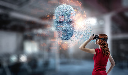 Digital head, artificial intelligence and virtual reality. Mixed media