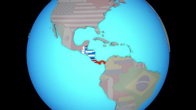 Closing in on Central America with embedded national flags on blue political 3D globe. 3D illustration.
