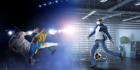 Fototapeta na wymiar Virtual Reality headset on a black male playing soccer. Mixed Media