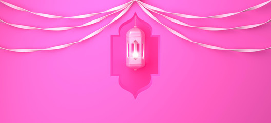 Arabic window, hanging lamp and ribbon on pink pastel background. Design creative concept of islamic celebration day ramadan kareem or eid al fitr adha. 3D rendering illustration.
