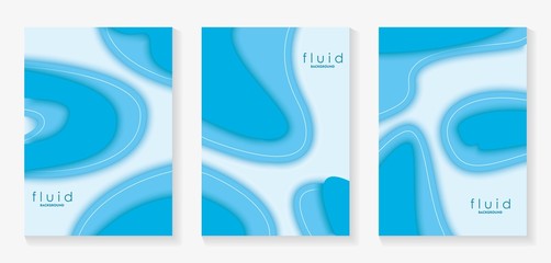 Blue Fluid 3D Papercut Cover Set. Dynamic Background for invitation, booklet or business card design. Modern Vector paper background